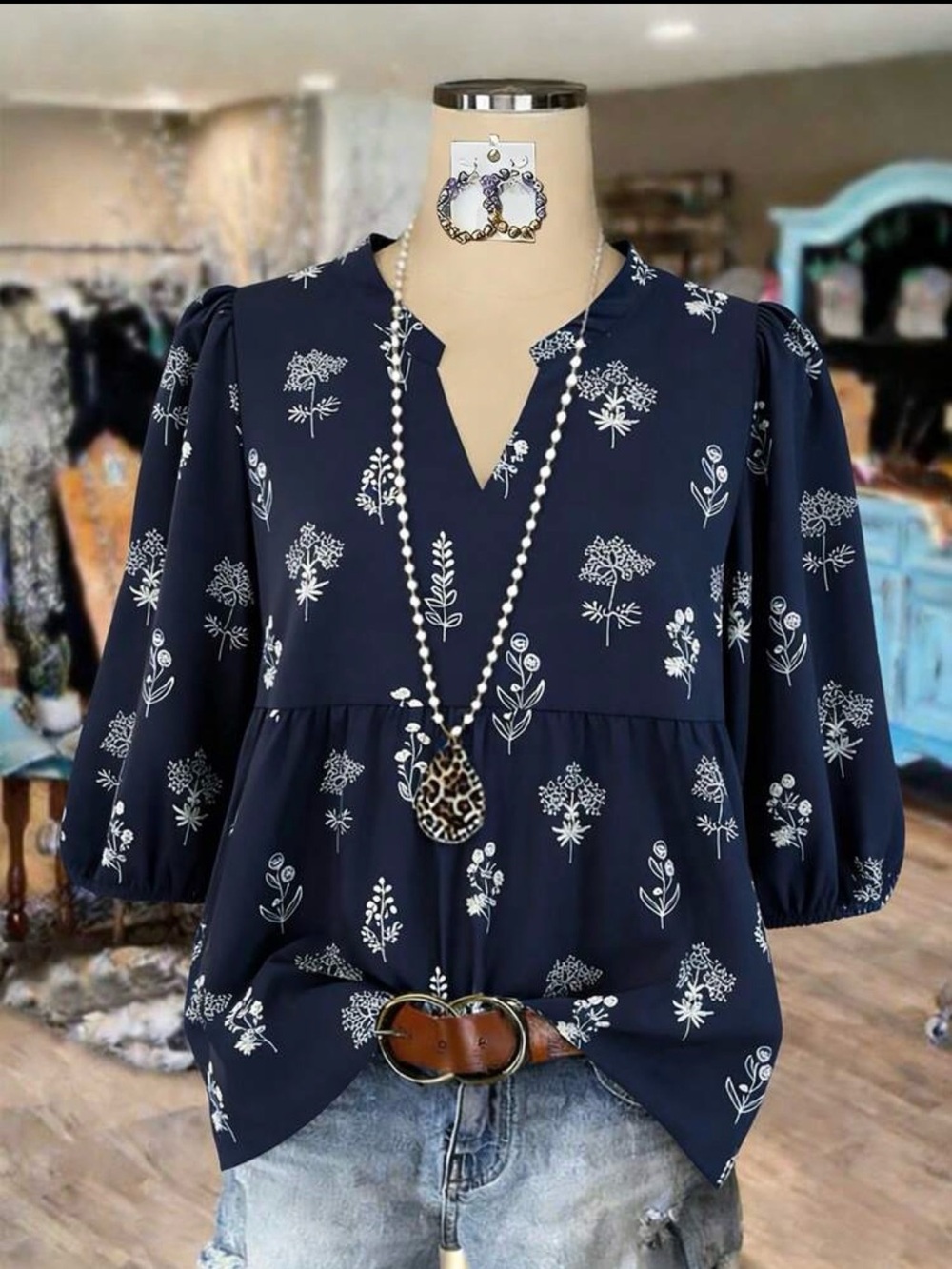 Navy Floral V-Neck Peasant Blouse